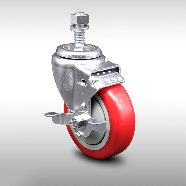 Service Caster 4 Inch SS Red Polyurethane Wheel Swivel 1/2 Inch Threaded Stem Caster with Brake SCC-SSTS20S414-PPUB-RED-TLB-121315 - main
